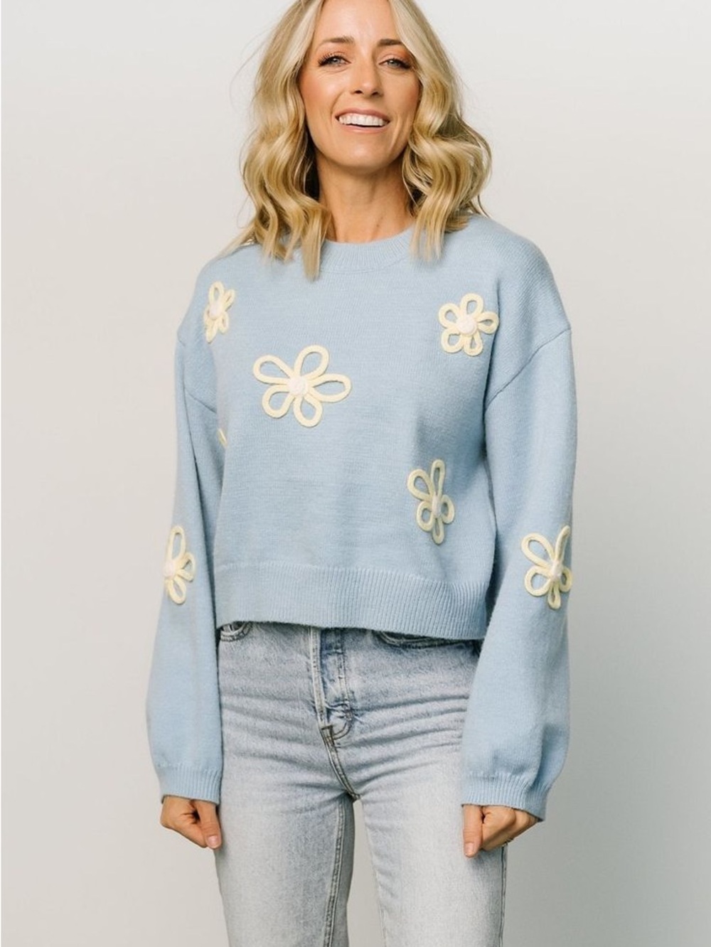 Listicle Pale Blue & Yellow Crewneck Crop Boxy Raised Floral Sweater